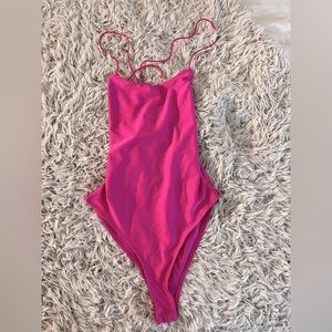 Hot pink f21 body suit with tie back